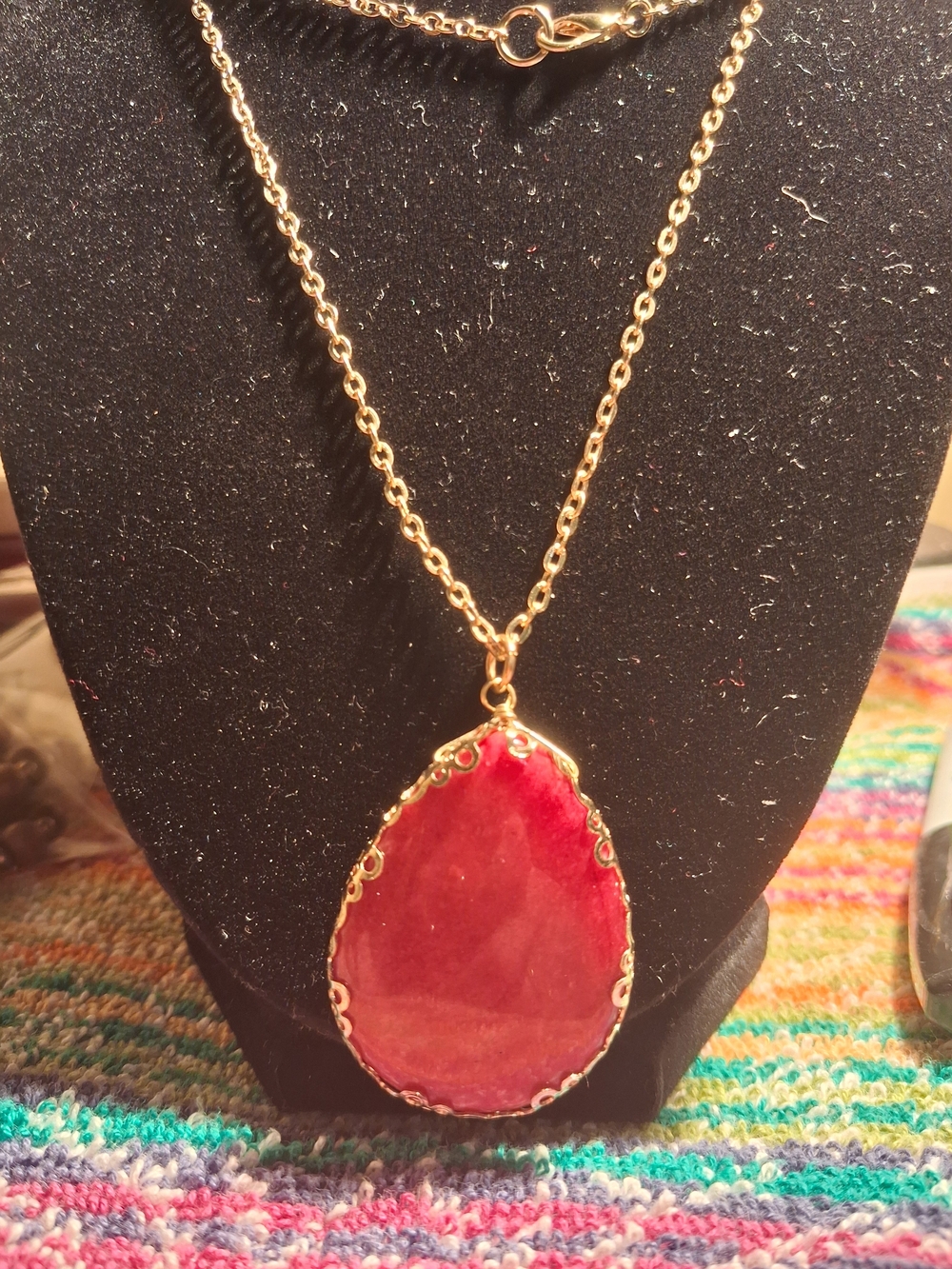 Gold-Tone Necklace with Teardrop Red Pendant